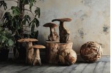Boule déco et champignon sculpté en teck pour la décoration d'un espace terrasse