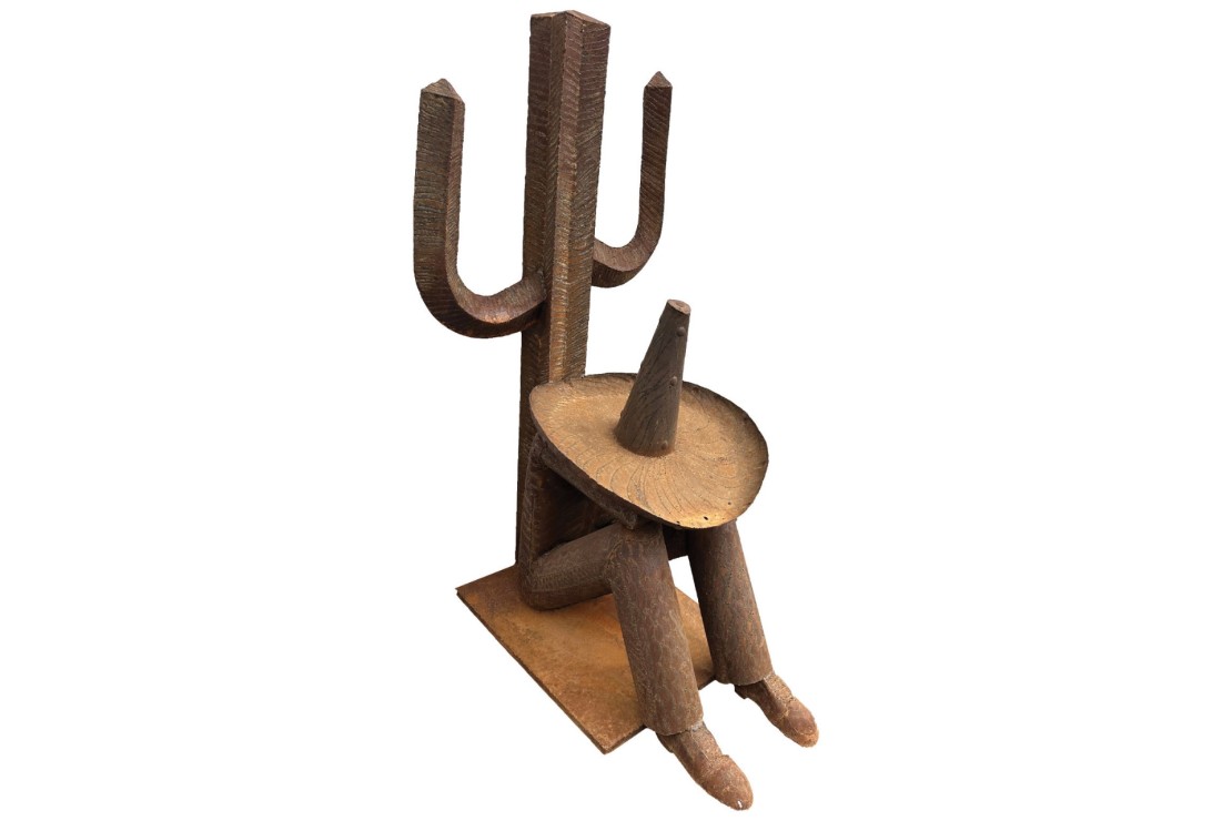 Sculpture Mexicain Cactus Métal Rouillé H. 155 cm