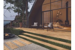 Terrasse sur plots avec carrelage grès cérame imitation bois