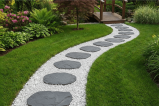 Allee de jardin en graviers blancs avec pas japonais beton
